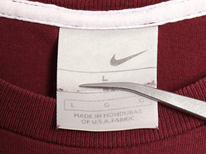 00s ナイキ スモール スウッシュ 刺繍 半袖 Tシャツ メンズ L オールド ワンポイント ヘビーウェイト コットン カットソー シンプル エンジ