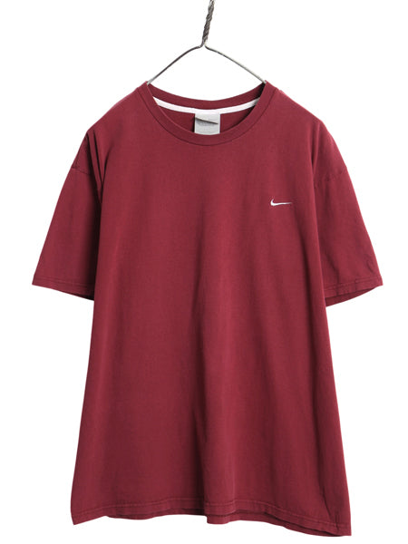 00s ナイキ スモール スウッシュ 刺繍 半袖 Tシャツ メンズ L オールド ワンポイント ヘビーウェイト コットン カットソー シンプル エンジ