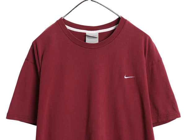 00s ナイキ スモール スウッシュ 刺繍 半袖 Tシャツ メンズ L オールド ワンポイント ヘビーウェイト コットン カットソー シンプル エンジ