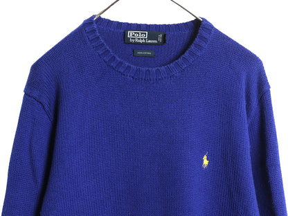 90s ポロ ラルフローレン コットン ニット セーター メンズ М オールド 長袖ニット ワンポイント クルーネック シンプル きれいめ ブルー