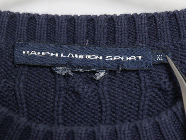 ラルフローレン コットン ケーブル ニット セーター レディース XL ポロ スポーツ 長袖ニット ワンポイント クルーネック 大きいサイズ 紺