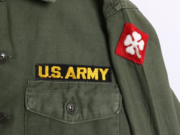 60s 米軍実物 US ARMY コットン サテン ユーティリティ シャツ M ヴィンテージ OG107 シャツ袖 1st ミリタリー 軍物 ワッペン付き オリーブ