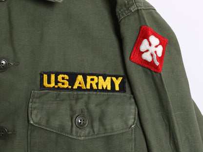 60s 米軍実物 US ARMY コットン サテン ユーティリティ シャツ M ヴィンテージ OG107 シャツ袖 1st ミリタリー 軍物 ワッペン付き オリーブ