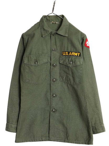 60s 米軍実物 US ARMY コットン サテン ユーティリティ シャツ M ヴィンテージ OG107 シャツ袖 1st ミリタリー 軍物 ワッペン付き オリーブ