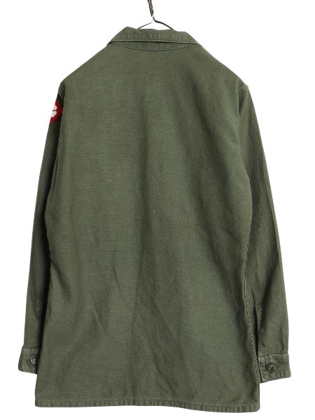 60s 米軍実物 US ARMY コットン サテン ユーティリティ シャツ M ヴィンテージ OG107 シャツ袖 1st ミリタリー 軍物 ワッペン付き オリーブ