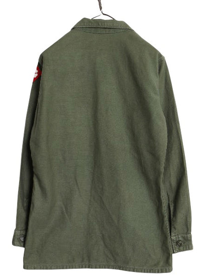 60s 米軍実物 US ARMY コットン サテン ユーティリティ シャツ M ヴィンテージ OG107 シャツ袖 1st ミリタリー 軍物 ワッペン付き オリーブ