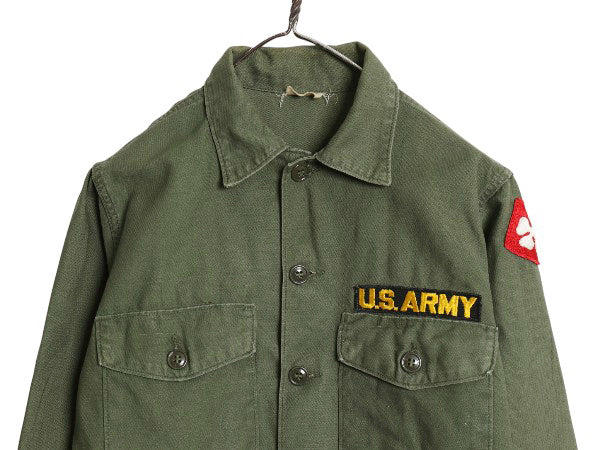 60s 米軍実物 US ARMY コットン サテン ユーティリティ シャツ M ヴィンテージ OG107 シャツ袖 1st ミリタリー 軍物 ワッペン付き オリーブ
