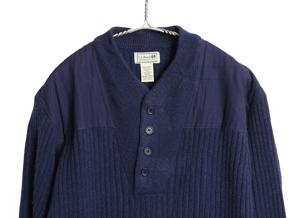 00s エルエルビーン コマンド ニット セーター メンズ XL / オールド メリノ ラム ウール エルボーパッチ ヘンリーネック 大きいサイズ 紺