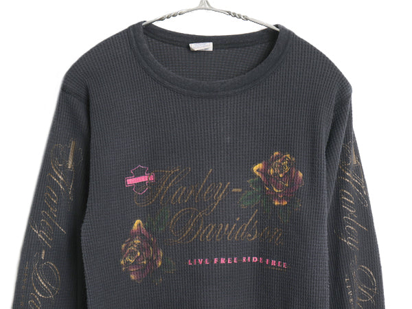 80s USA製 ハーレー ダビッドソン プリント 長袖 サーマル Tシャツ メンズ L 小さめ M ヴィンテージ バイク ロンT ワッフル カットソー 黒