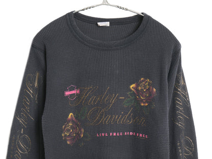 80s USA製 ハーレー ダビッドソン プリント 長袖 サーマル Tシャツ メンズ L 小さめ M ヴィンテージ バイク ロンT ワッフル カットソー 黒