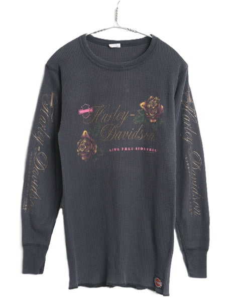 80s USA製 ハーレー ダビッドソン プリント 長袖 サーマル Tシャツ メンズ L 小さめ M ヴィンテージ バイク ロンT ワッフル カットソー 黒