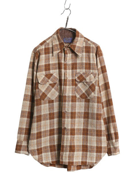 70s USA製 ペンドルトン チェック 長袖 ウール シャツ メンズ L / 古着 ヴィンテージ 長袖シャツ ポケット付き カジュアル 茶 マルチカラー