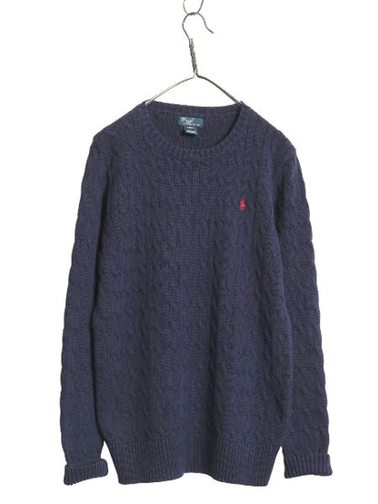 00s ポロ ラルフローレン コットン ケーブル ニット セーター キッズ XL メンズ S 程 / オールド 長袖ニット ワンポイント クルーネック 紺