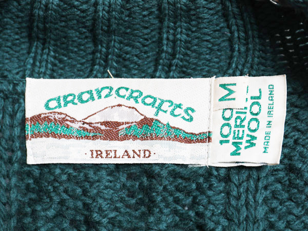 アイルランド製 aran crafts フルジップ フィッシャーマン ニット セーター メンズ レディース M 古着 メリノ ウール ジャケット アラン 緑