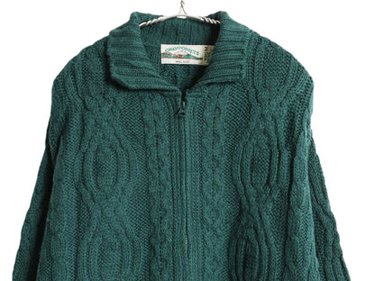アイルランド製 aran crafts フルジップ フィッシャーマン ニット セーター メンズ レディース M 古着 メリノ ウール ジャケット アラン 緑