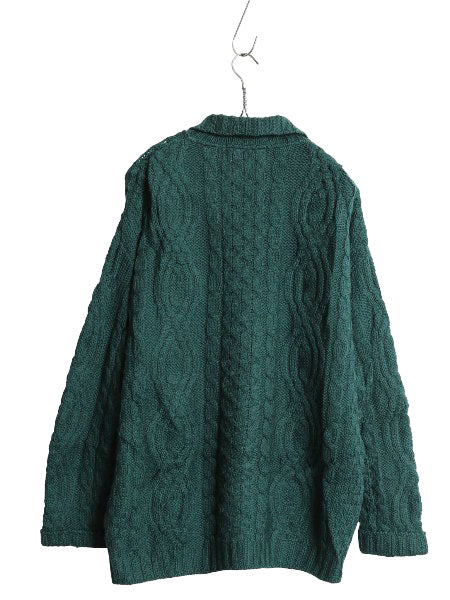 アイルランド製 aran crafts フルジップ フィッシャーマン ニット セーター メンズ レディース M 古着 メリノ ウール ジャケット アラン 緑