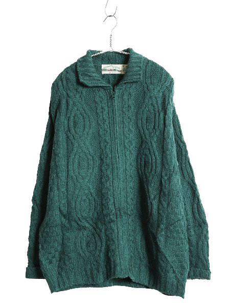 アイルランド製 aran crafts フルジップ フィッシャーマン ニット セーター メンズ レディース M 古着 メリノ ウール ジャケット アラン 緑