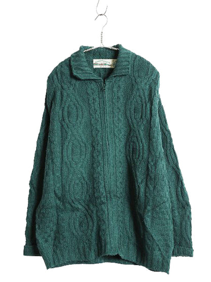 アイルランド製 aran crafts フルジップ フィッシャーマン ニット セーター メンズ レディース M 古着 メリノ ウール ジャケット アラン 緑