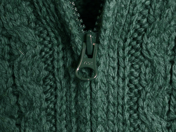 アイルランド製 aran crafts フルジップ フィッシャーマン ニット セーター メンズ レディース M 古着 メリノ ウール ジャケット アラン 緑