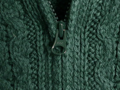 アイルランド製 aran crafts フルジップ フィッシャーマン ニット セーター メンズ レディース M 古着 メリノ ウール ジャケット アラン 緑