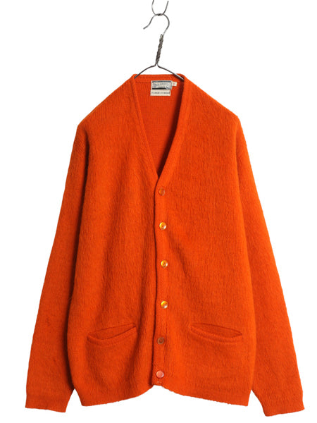 60s ★ SAXONY モヘア ニット カーディガン メンズ XL 古着 ヴィンテージ レアカラー オレンジ 無地 アクリル セーター 毛足 ポケット付き