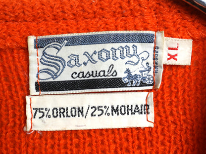 60s ★ SAXONY モヘア ニット カーディガン メンズ XL 古着 ヴィンテージ レアカラー オレンジ 無地 アクリル セーター 毛足 ポケット付き