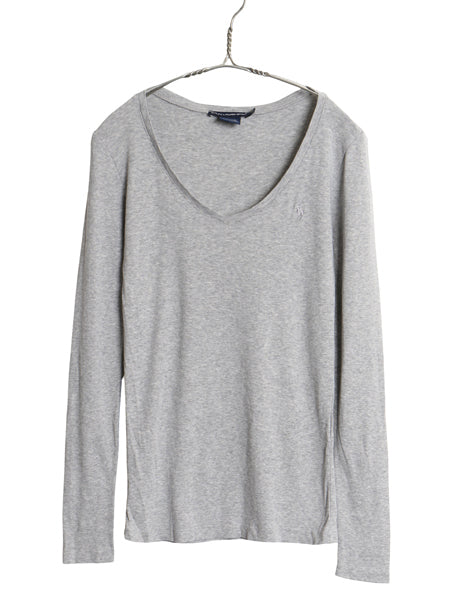 ラルフローレン Vネック 長袖 Tシャツ レディース M / ポロ スポーツ ロンT コットン ストレッチ リブ編み カットソー ワンポイント ポニー