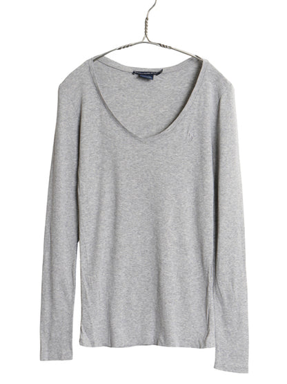 ラルフローレン Vネック 長袖 Tシャツ レディース M / ポロ スポーツ ロンT コットン ストレッチ リブ編み カットソー ワンポイント ポニー