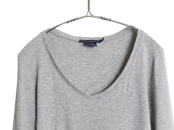 ラルフローレン Vネック 長袖 Tシャツ レディース M / ポロ スポーツ ロンT コットン ストレッチ リブ編み カットソー ワンポイント ポニー