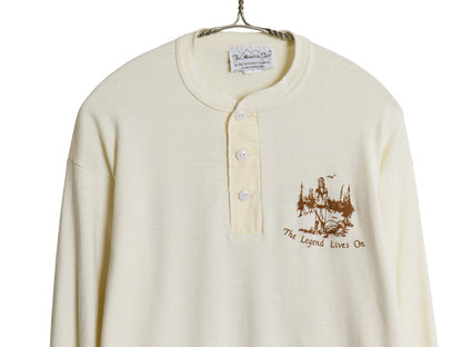 80s USA製 企業 両面 プリント ヘンリーネック 長袖 Tシャツ メンズ L 古着 ヴィンテージ アート イラスト ロンT アンダーシャツ インナー 