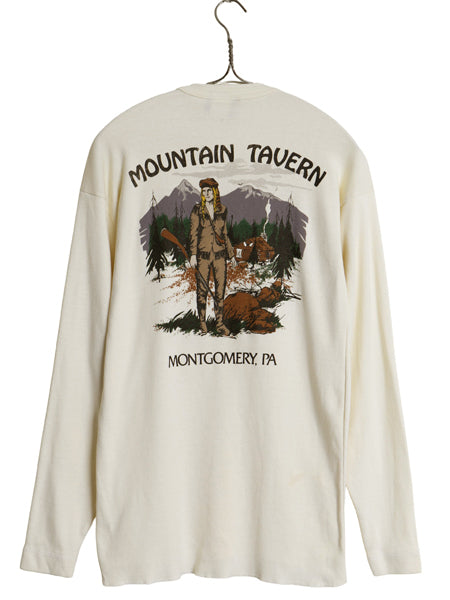 80s USA製 企業 両面 プリント ヘンリーネック 長袖 Tシャツ メンズ L 古着 ヴィンテージ アート イラスト ロンT アンダーシャツ インナー 