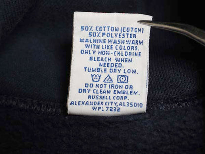 90s ラッセル 2段 カレッジ プリント スウェット フード パーカー メンズ レディース M オールド トレーナー 裏起毛 プルオーバー ネイビー