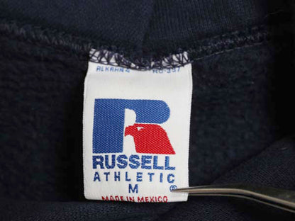 90s ラッセル 2段 カレッジ プリント スウェット フード パーカー メンズ レディース M オールド トレーナー 裏起毛 プルオーバー ネイビー
