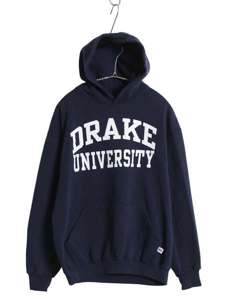 90s ラッセル 2段 カレッジ プリント スウェット フード パーカー メンズ レディース M オールド トレーナー 裏起毛 プルオーバー ネイビー