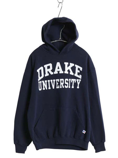 90s ラッセル 2段 カレッジ プリント スウェット フード パーカー メンズ レディース M オールド トレーナー 裏起毛 プルオーバー ネイビー