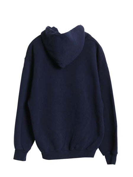 90s ラッセル 2段 カレッジ プリント スウェット フード パーカー メンズ レディース M オールド トレーナー 裏起毛 プルオーバー ネイビー