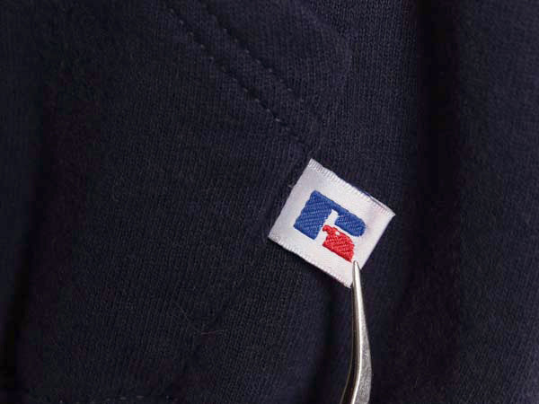 90s ラッセル 2段 カレッジ プリント スウェット フード パーカー メンズ レディース M オールド トレーナー 裏起毛 プルオーバー ネイビー