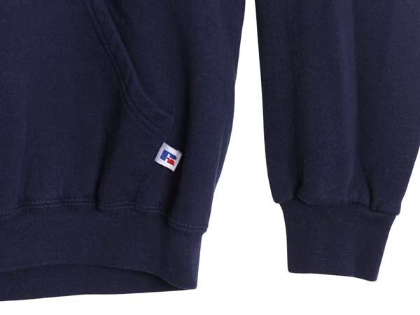 90s ラッセル 2段 カレッジ プリント スウェット フード パーカー メンズ レディース M オールド トレーナー 裏起毛 プルオーバー ネイビー