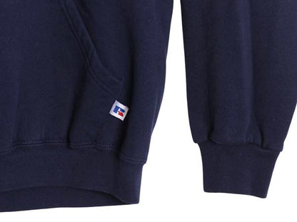 90s ラッセル 2段 カレッジ プリント スウェット フード パーカー メンズ レディース M オールド トレーナー 裏起毛 プルオーバー ネイビー