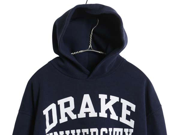 90s ラッセル 2段 カレッジ プリント スウェット フード パーカー メンズ レディース M オールド トレーナー 裏起毛 プルオーバー ネイビー