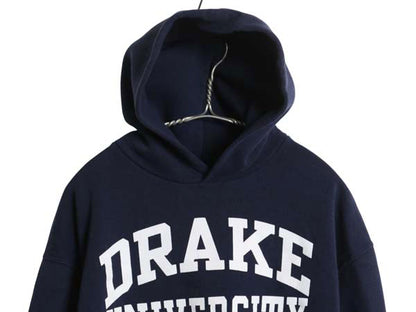 90s ラッセル 2段 カレッジ プリント スウェット フード パーカー メンズ レディース M オールド トレーナー 裏起毛 プルオーバー ネイビー