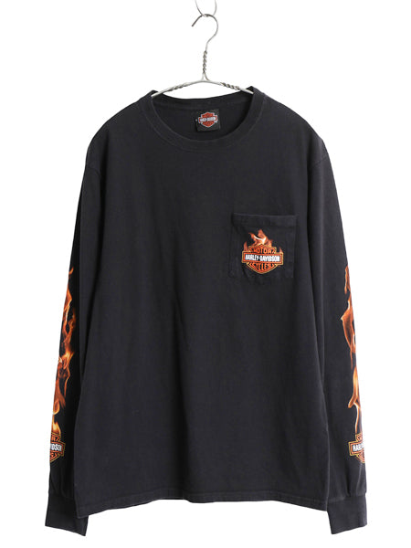 ハーレー ダビッドソン ポケット付き 4面 プリント 長袖 Tシャツ メンズ S 程/ バイク ファイヤー パターン イラスト ロンT ポケT ブラック