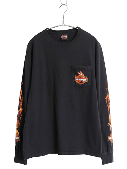ハーレー ダビッドソン ポケット付き 4面 プリント 長袖 Tシャツ メンズ S 程/ バイク ファイヤー パターン イラスト ロンT ポケT ブラック
