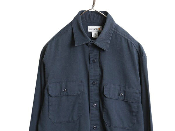 US企画 カーハート コットン ツイル 長袖 シャツ メンズ M / 古着 Carhartt ノーアイロン 無地 ワーク ポケット付き ワンポイント ボックス