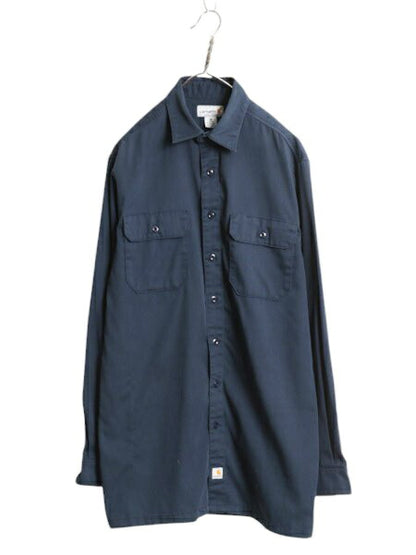 US企画 カーハート コットン ツイル 長袖 シャツ メンズ M / 古着 Carhartt ノーアイロン 無地 ワーク ポケット付き ワンポイント ボックス