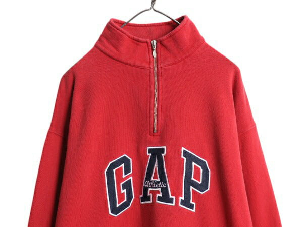 90s OLD GAP ハーフジップ ポケット付き スウェット メンズ L オールド ギャップ 紺タグ ビッグ ロゴ刺繍 プルオーバー トレーナー 裏起毛