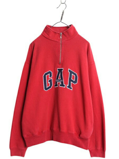 90s OLD GAP ハーフジップ ポケット付き スウェット メンズ L オールド ギャップ 紺タグ ビッグ ロゴ刺繍 プルオーバー トレーナー 裏起毛