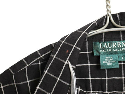 90s LAUREN ラルフローレン チェック 長袖 シャツ レディース L 黒 古着 オールド ポロ コットン ブラウス ポケット付き ツートン ブラック