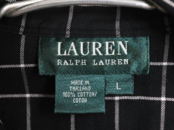 90s LAUREN ラルフローレン チェック 長袖 シャツ レディース L 黒 古着 オールド ポロ コットン ブラウス ポケット付き ツートン ブラック