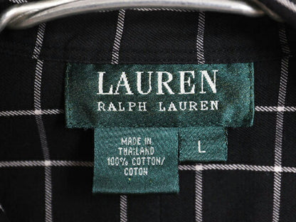 90s LAUREN ラルフローレン チェック 長袖 シャツ レディース L 黒 古着 オールド ポロ コットン ブラウス ポケット付き ツートン ブラック